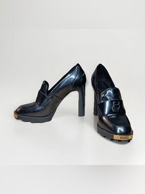 Karl Lagerfield Women's High Heel Pumps Loafers Chunky Black & Gold Logo Sz 8.5M